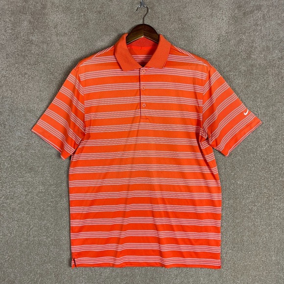 Nike Golf Polo Shirt Mens Size Medium M Orange Striped Tour Performance Dri Fit - Picture 1 of 9